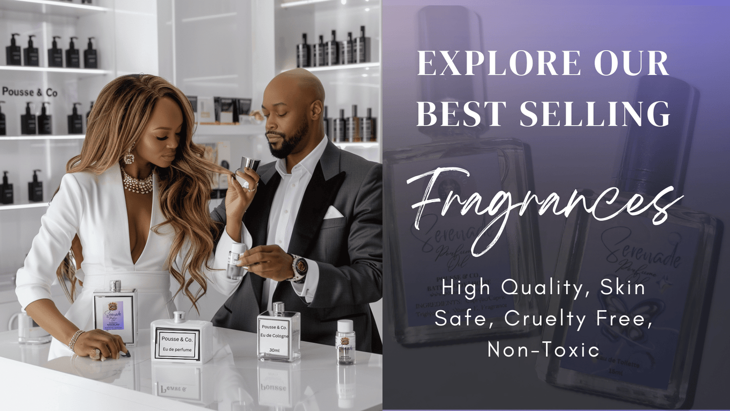 An elegant display of Pousse and Co's fragrance collection, featuring sleek, transparent glass bottles of various sizes with minimalist labels, set against a soft, neutral background. Each bottle captures a unique essence, ranging from fresh floral scents to deep, woody aromas, promising an exquisite sensory experience for every preference